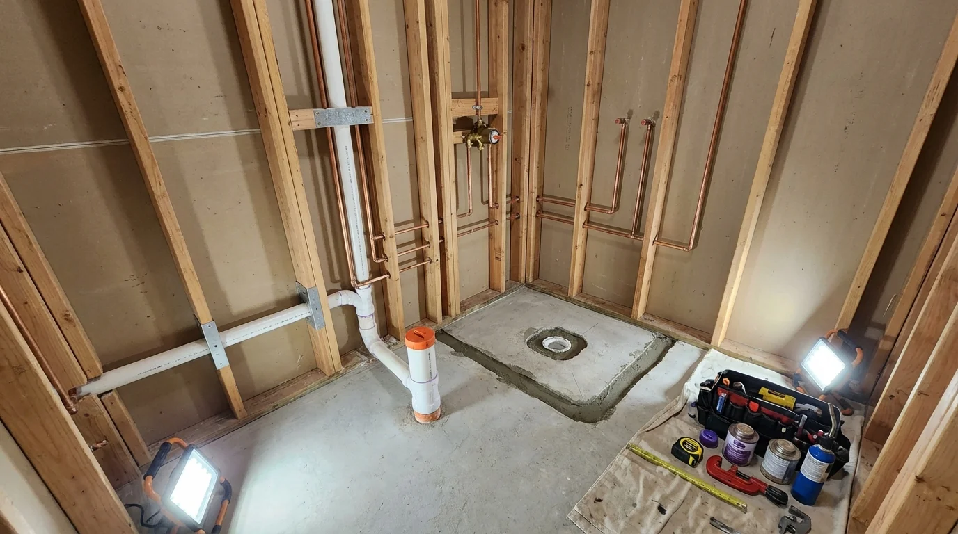 Bathroom rough-in plumbing during remodel by Johns Plumbing LLC in Mendota