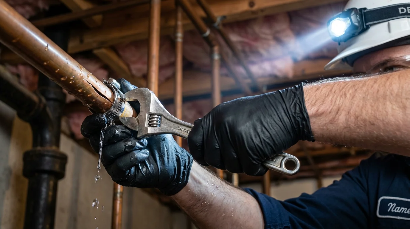 Emergency pipe clamp repair being performed by a Johns Plumbing LLC plumber in Mendota