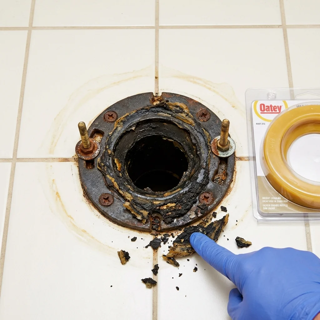 Failed wax ring showing water seepage at the base of a toilet in a Mendota, CA home