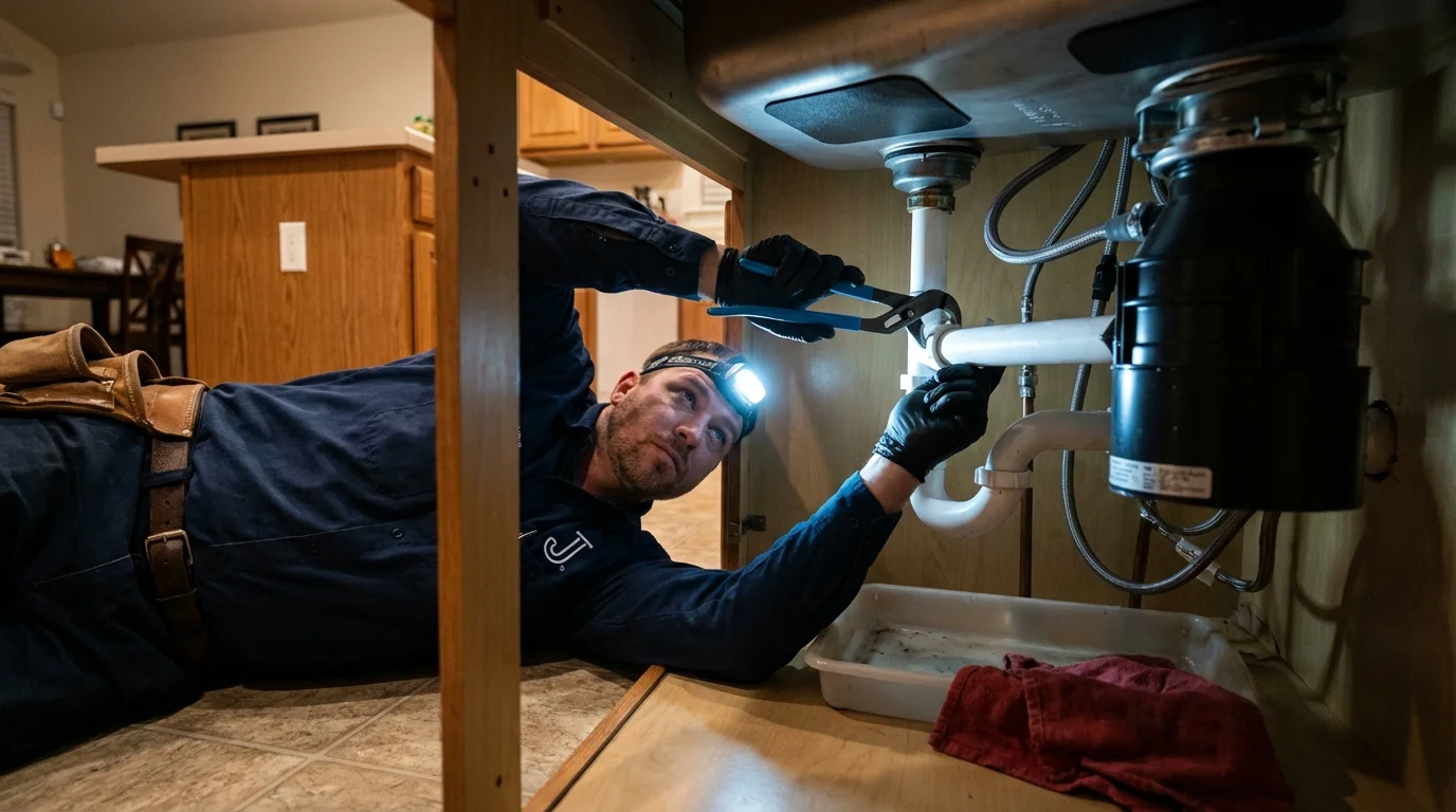 P-trap and supply line connections under a kitchen sink showing a common leak point in Mendota, CA